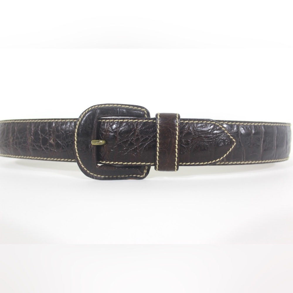 Italian Croc Embossed Brown Leather Belt with Contrast Stitching and Self Buckle